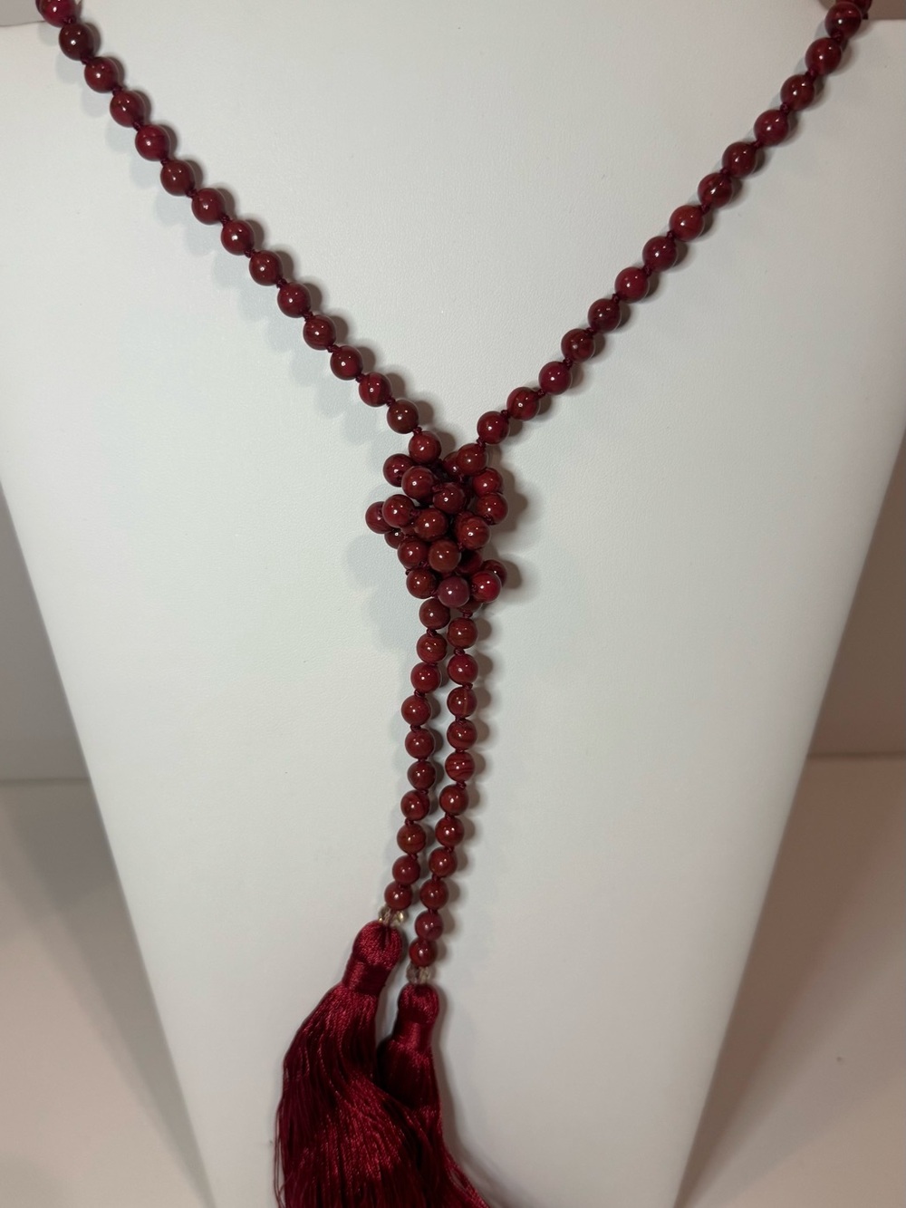 Burgundy Beaded Tassel Lariat Necklace